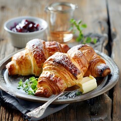 Freshly Baked Croissants with Golden, Flaky Layers on a Wooden Board