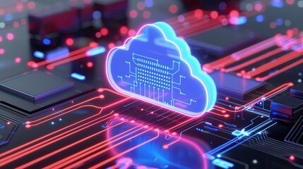Futuristic cloud computing concept with neon circuits, representing data storage and digital technology innovations.