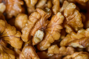 closeup of dried shelled walnut kernels