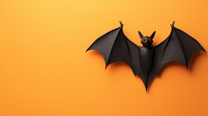 Fototapeta premium Halloween bat with moon, minimal backdrop, 3D illustration on orange background with space for text