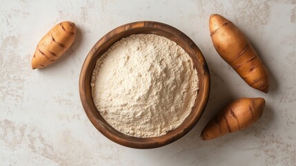 Fototapeta premium Sweet potato flour on brown wooden bowl and some seeds for baking, gluten free copy space