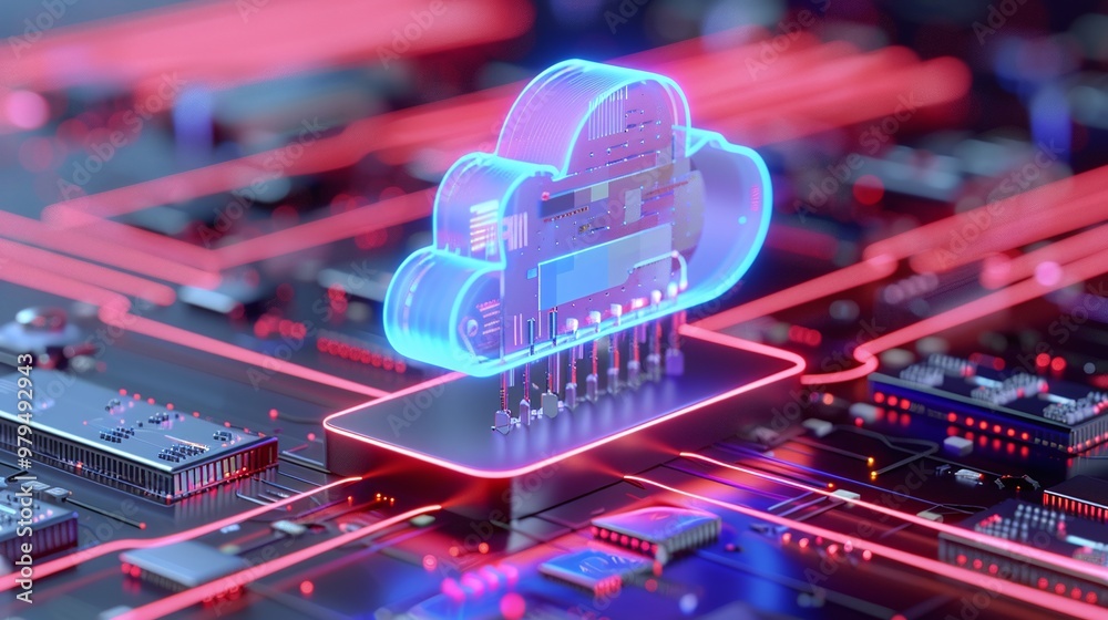 Poster futuristic cloud computing concept with neon lights and circuit patterns, representing advanced digi
