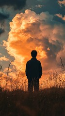 Fototapeta premium Silhouette of a person standing in a field against a vibrant sunset with dramatic clouds, evoking a sense of tranquility and reflection.