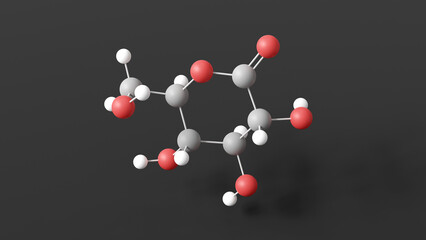 gluconolactone molecule 3d, molecular structure, ball and stick model, structural chemical formula e575
