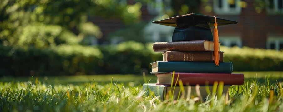 Stack of books topped with a graduates hat, set against a backdrop of a university building and green lawn