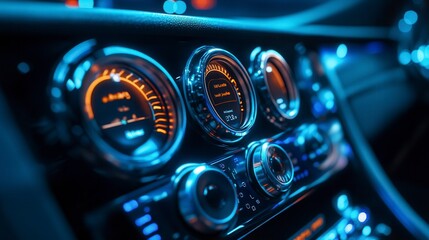 Modern car dashboard glowing at night showing speedometer and fuel gauge