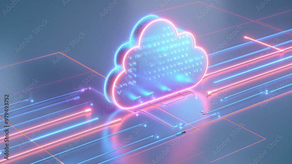 Poster futuristic cloud computing concept with vibrant neon lines and digital data flow, symbolizing connec