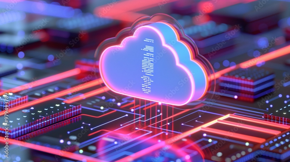 Poster futuristic cloud computing design with glowing circuits, symbolizing technology and data storage inn