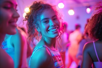 Exciting vintage-themed party with lively guests enjoying music and dancing in colorful lights