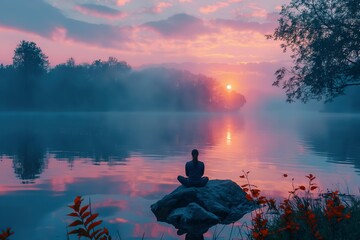 A tranquil yoga session is taking place on a rock by a serene lake at sunrise, surrounded by mist and vibrant colors