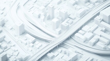 Isometric 3d render of a white city map featuring roads and buildings from a top down perspective