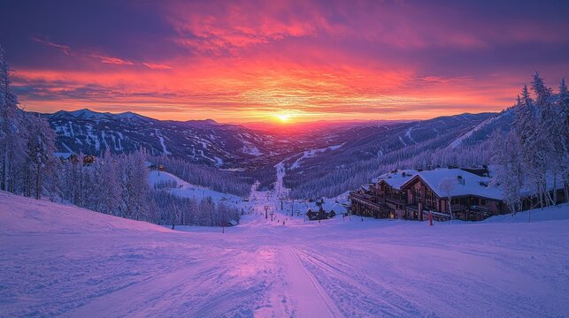 Majestic Ski Resort at Sunset with Vibrant Orange and Purple Sky - Shot with a Nikon Z7 II