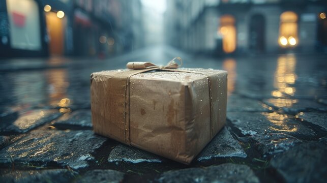 A meticulously wrapped parcel made of brown kraft paper with delicate string tied on top, resting on the wet cobblestone street during a foggy evening in a quaint European city