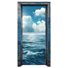 Old door is opening to a beautiful ocean view with blue sky and clouds, creating a concept of freedom and possibilities