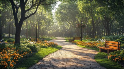 Fototapeta premium Serene park pathway lined with flowers and benches.