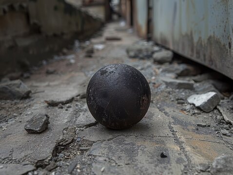 Rusty metal sphere lies on a cracked, weathered concrete pathway surrounded by debris and rubble in an abandoned industrial area - Powered by Adobe