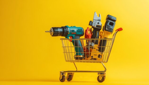 Shopping basket with electric tools  angle grinder, drill, and jigsaw on yellow background