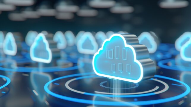 Futuristic cloud computing icons in a digital environment, representing data storage and connectivity in modern technology.