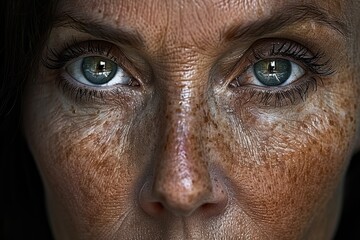 Naklejka premium An extremely detailed close-up of a person's face, highlighting the intricate textures, fine lines, and deep emotions reflected in their expressive green eyes