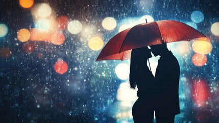 A couple embraces under an umbrella lost in a moment of romance surrounded by rain