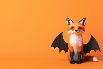 Obraz premium Adorable fox with bat wings, minimalist Halloween, 3D illustration on orange background