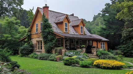 A charming wooden house surrounded by lush greenery and colorful flowers in a serene setting.
