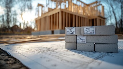stack of concrete foundation blocks with price tags attached. Partially constructed foundation wall showcases the blocks being used in building project.