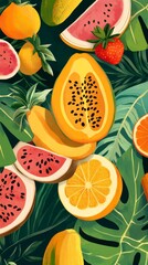 Vibrant assortment of tropical fruits surrounded by lush green leaves, perfect for fresh and healthy lifestyle visuals.