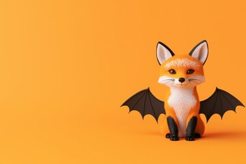 Obraz premium fox toy with bat wings against a vibrant orange background, perfect for playful and creative themes. 3D illustration on orange background