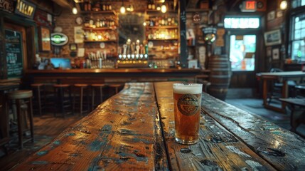 A cozy and inviting bar with rustic wooden tables and a well-stocked backlit shelf, showcasing various bottles and a delicious frothy beer in the foreground