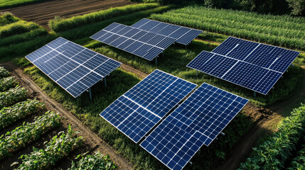 Aerial view of multiple solar panels installed amidst agricultural fields with crops, combining renewable energy generation with farming.