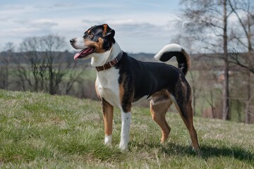 Medium sized dog with fur stands on grassy hill, clear sky and trees