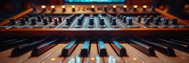 A close-up view of a professional studio synthesizer keyboard, showcasing various knobs and control panels, with a warm ambient lighting setting that creates a focused and creative atmosphere