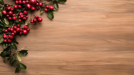 Festive red berries on a rustic wooden background, perfect for holiday decorations or seasonal design projects.