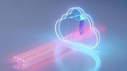 Obraz premium Futuristic cloud icon with neon lights representing digital storage and seamless data transfer in a modern technology environment.