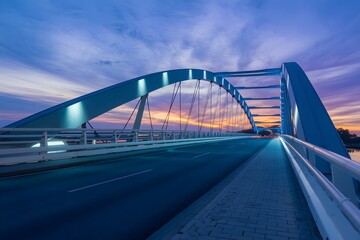 Obraz premium Modern bridge with wavy design, blue lights, spans road, purple and orange sky