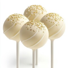 Four white cake pops with gold sprinkles on top
