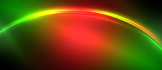 Neon glowing circle rays, light round lines in the dark, planet style neon wave lines. Energetic electric concept design for wallpaper, banner, background