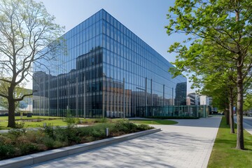 Fototapeta premium Modern glass building in urban setting, surrounded by greenery and paved pathway