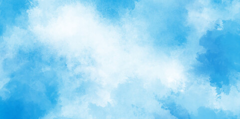 Abstract nature background of romantic summer blue sky with fluffy clouds.  Grunge smooth light sky blue and white shades aquarelle background. Abstract beautiful and soft cloudy blue clouds.