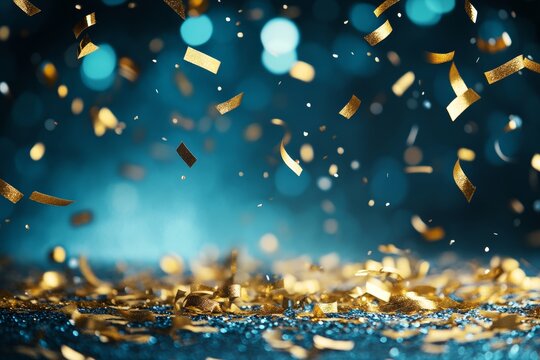 Festive new year background with golden glitter, fireworks, and shiny confetti on blue bokeh lights - Powered by Adobe