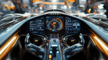 Futuristic cockpit interior with head up display showing speed and navigation