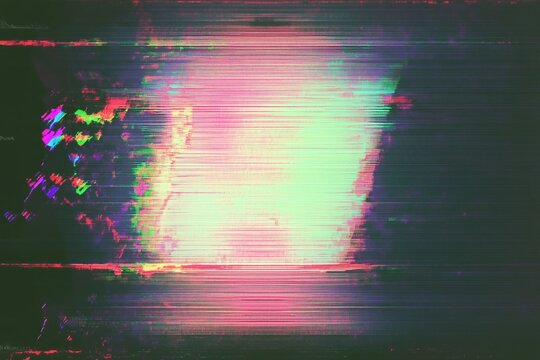 Old tv or computer screen glitch error, noise and distortions effect. Colorful abstract overlay background.