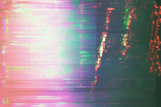 Old computer screen glitch error, noise and distortions effect. Colorful abstract overlay background.