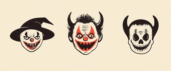 A Halloween vintage characters set featuring vampires, zombies, devils, werewolves, and clowns. A Halloween monsters icon set. Halloween costumes.