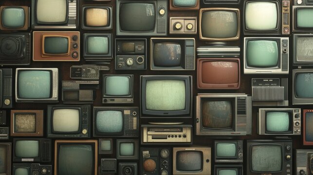 A visual mashup of old television sets and computer monitors stacked in a wall, reflecting the retro charm of outdated tech.