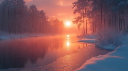 Fototapeta premium Tranquil Winter Sunrise over Frozen Pond with Nikon Z7 II and 35mm Lens