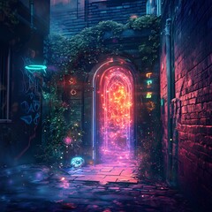 Enchanted Portal: Urban Alleyway Transformed into Halloween Wonderland with Neon Glows and Mystical Graffiti