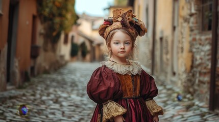 Fototapeta premium Young Italian Renaissance Child Posing on Cobblestone Street in Historic Town