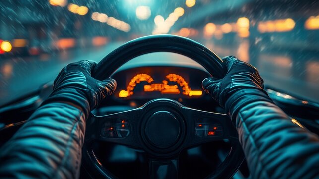 Racing driver holding steering wheel driving fast at night